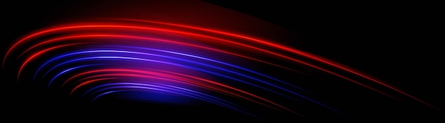 Vector red and blue speed neon arc stripes or light flash laser beams horizontal beams beautiful light reflections glowing stripes on a black background