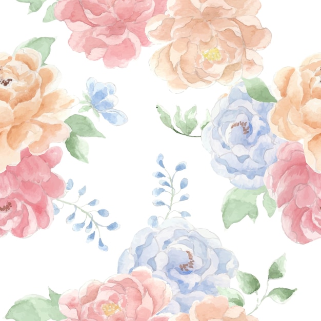 Red Blue and Yellow Peony Watercolor Flower Seamless Pattern