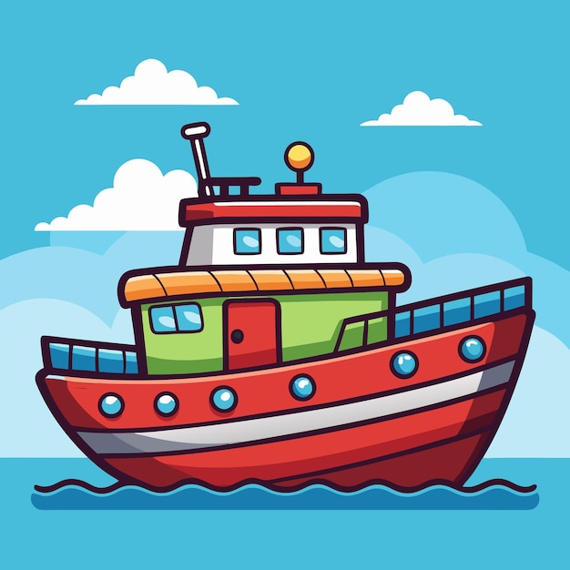 Vector a red boat with a red top and a blue sky with clouds in the background icon isolated flat cartoon s