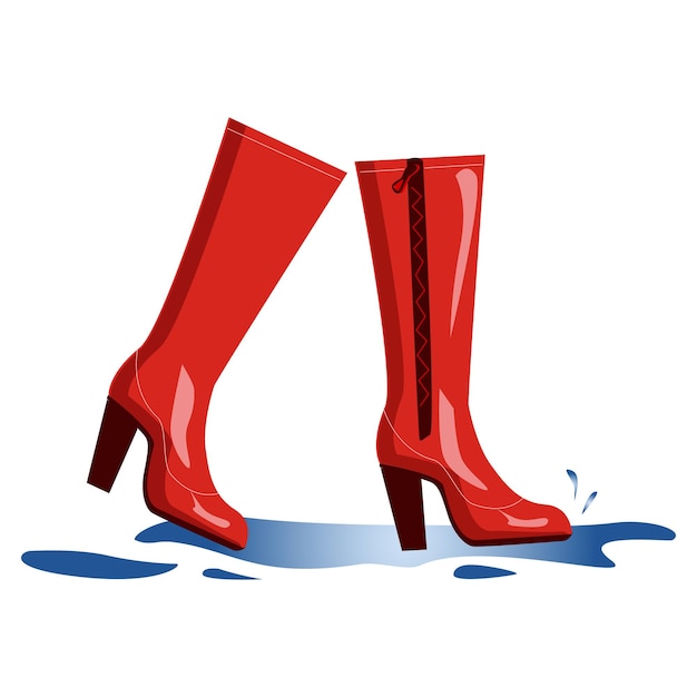 Red boots splashing through puddles Shoes autumn weather Cartoon illustration on white