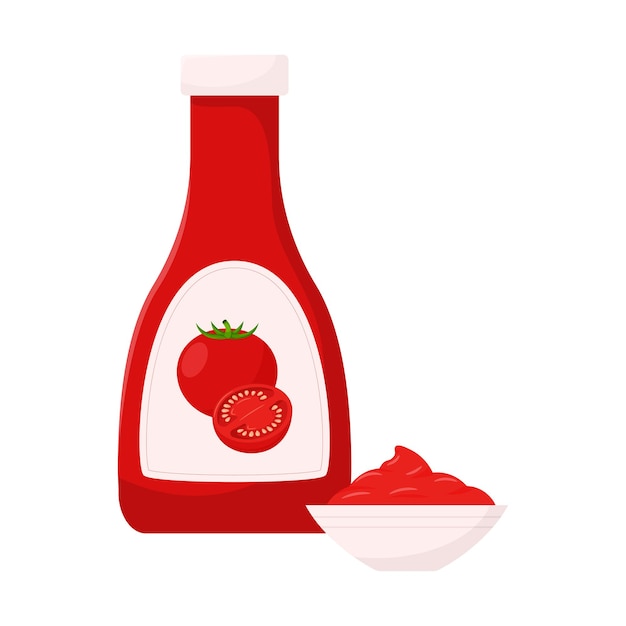 A red bottle of tomato ketchup and a bowl of ketchup. Food, tomato sauce, ingredient. Flat, cartoon