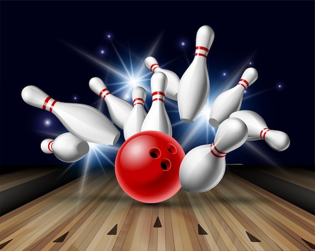 Red Bowling Ball crashing into the pins on bowling alley