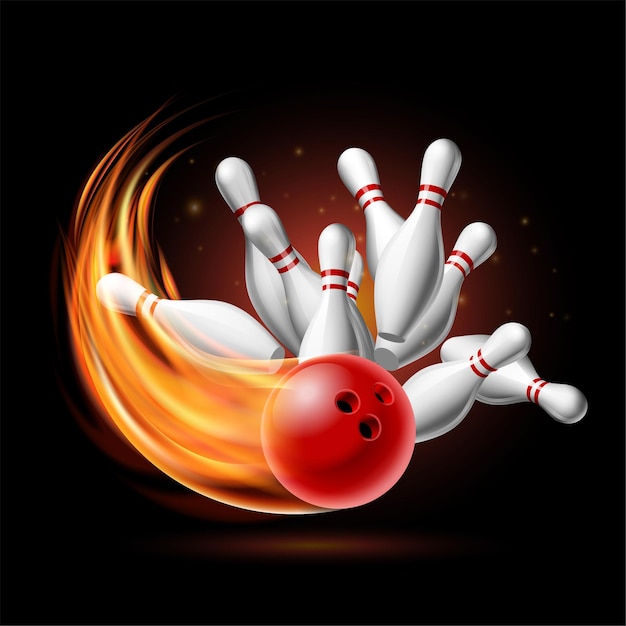 Red Bowling Ball in Flames crashing into the pins on a Dark Background. Illustration of bowling strike. Vector Template for poster of Sport competition or Tournament.