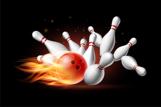 Red Bowling Ball in Flames crashing into the pins on a Dark Illustration of bowling strike