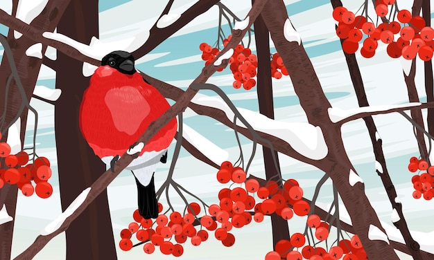 The red bullfinch Pyrrhula pyrrhula sits on snowcovered branches with rowan berries