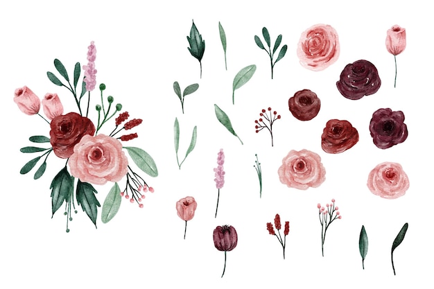 red burgundy watercolor floral design element