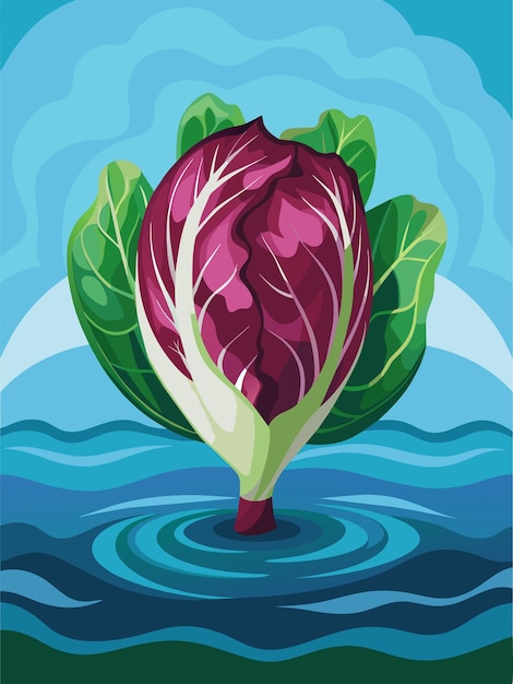 Vector red cabbage with green leaves emerging from water