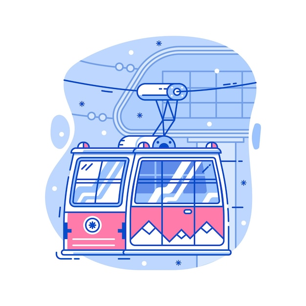 Red cable car in flat design. Electric ski lift or gondola icon in line art. Winter funicular illustration. Mountain ski resort cableway concept.