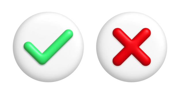 Red cancel cross mark and green checkmark icons on round white buttons 3d realistic design element