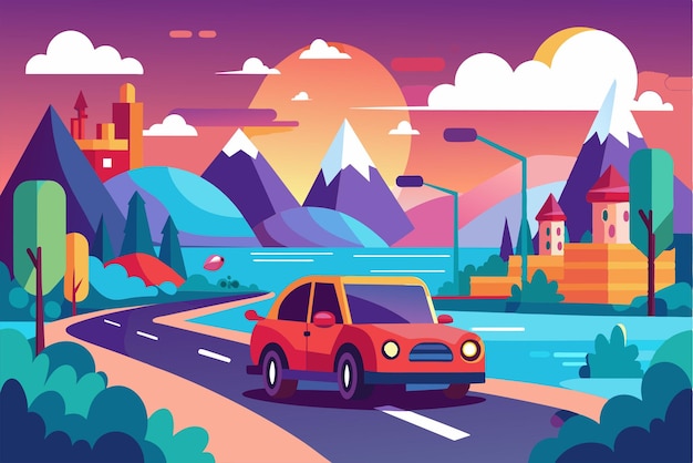 Vector a red car drives along a winding road in a colorful landscape featuring mountains a lake and a castle under a vibrant sunset sky