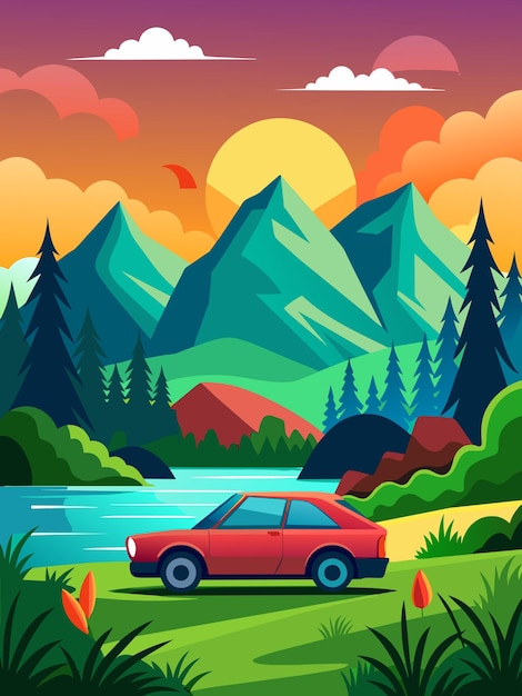 Vector red car parked in a mountain landscape at sunset