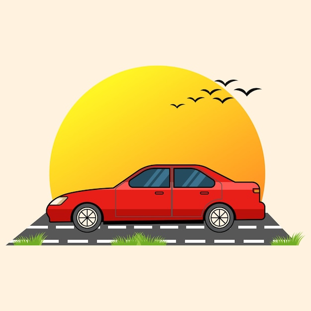 Red Car with sunset art illustration vector design