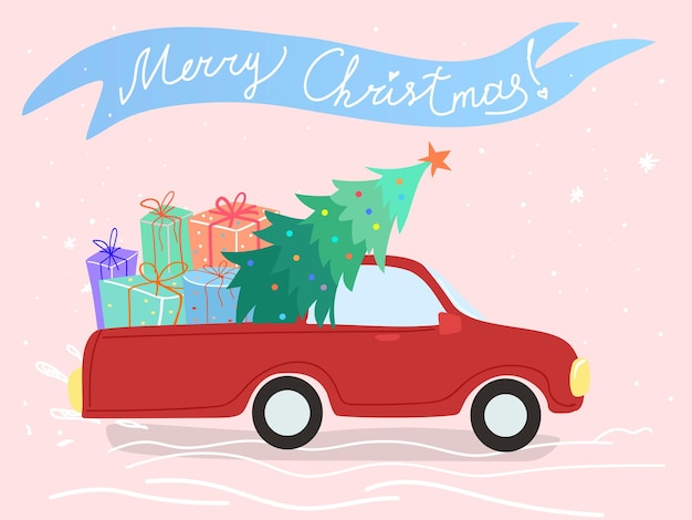 Red car with a trunk. Christmas tree on the roof. Truck with gifts. New Year postcard, invitation.