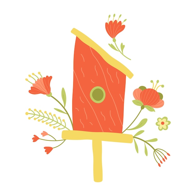 Red cartoon birdhouse with flowers around. For Easter spring greeting card and illustrations