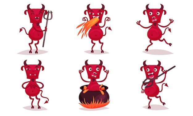 Vector red cartoon evil horned devil with a pitchfork exhales fire boils in a cauldron runs vector illustration