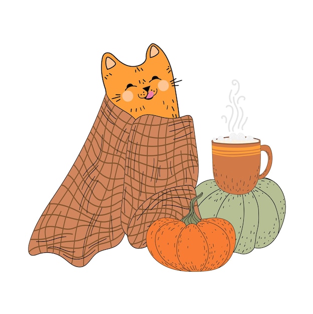 Red cat in a blanket. Autumn, Pledt. Funny kitten. Cat in a blanket. Comfort, Fluffy. Doodle. Flat.