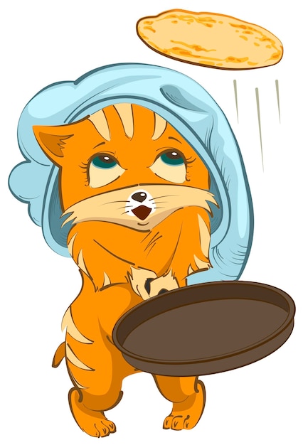 Red cat Chef tosses pancake up. Isolated on white vector cartoon illustration