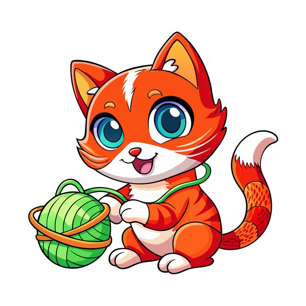 a red cat with a green sweater and a toy that says the name of the cat