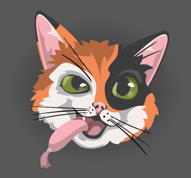 Red Cats head face emoticon cat eating sausage vector illustration