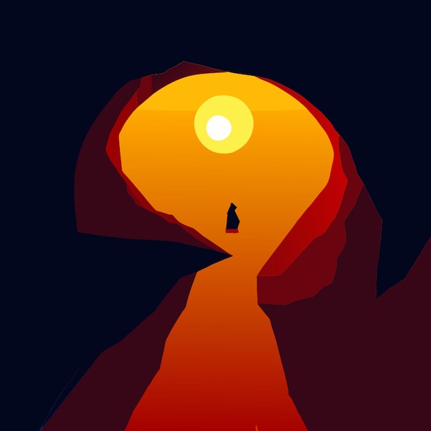 Vector a red cave with red water with an exit that is an eye from which you can see the exit to the sea