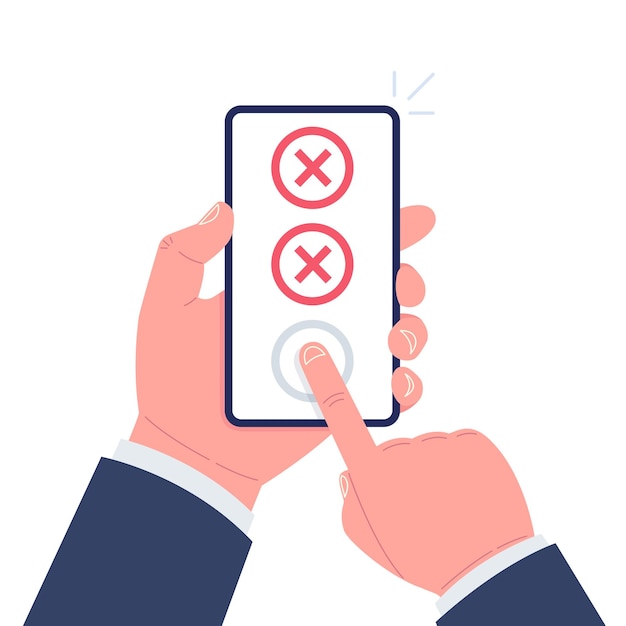 Red check marks on smartphone screen Hand holds the smartphone and finger touch screen Vector illustrationxA