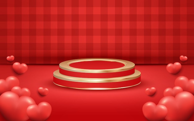 Red Checkered Valentine's Day Background with Podium and Golden Light