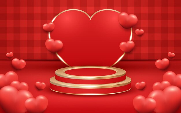 Red Checkered Valentine's Day Background with Podium and Golden Light