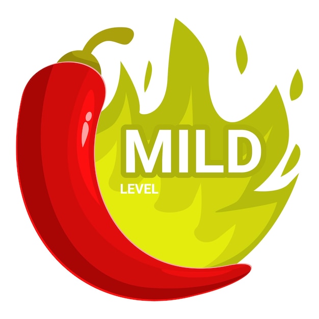 Vector red chili pepper with green fire burning showing mild level of spiciness