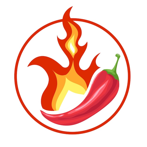 Red chilli pepeer and fire Flamed hot spiced pepper pod Red burning pepper icon in cartoon style Vector illustration