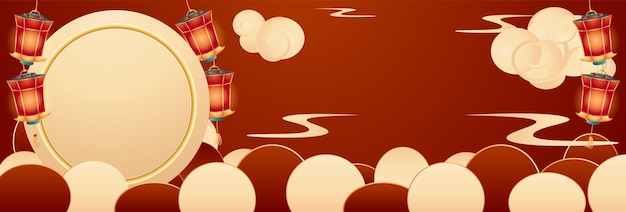 Red Chinese New Year background with lanterns clouds and empty shapes for text Asian banner design