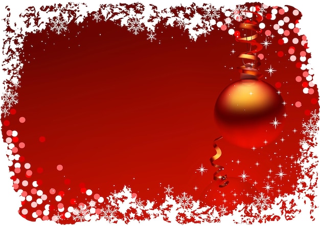 Red Christmas Background with Hanging Christmas Ornament with Confetti and Bordered White Snowflakes