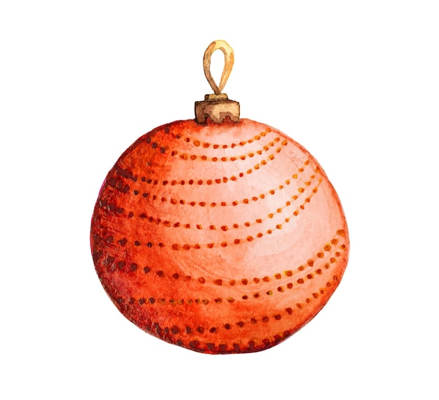 Red Christmas ball. Glass Christmas toy. Watercolor and paper texture. A ball decorated with beads.