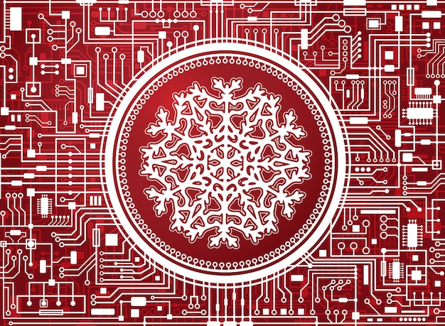 Red Christmas chipset background with huge white snowflake in the center. Holiday technology concept banner. Vector hi-tech new-year horizontal illustration.