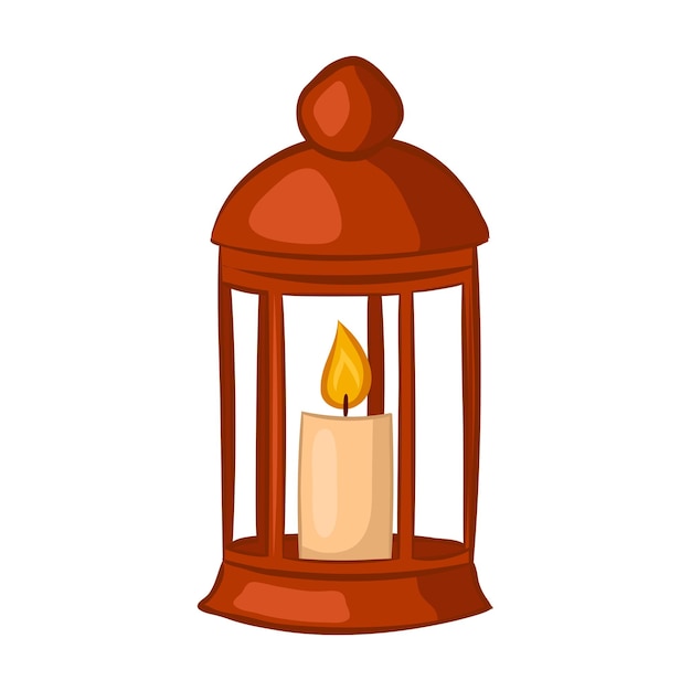 Red Christmas lantern with a candle. Cartoon icon. Isolated object on white background.