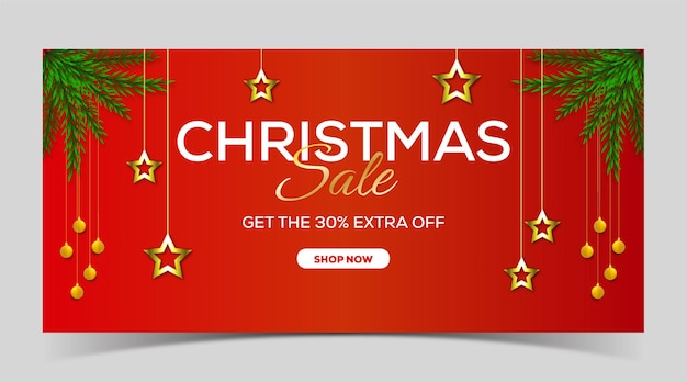 Red christmas sale banner with christmas ball and star