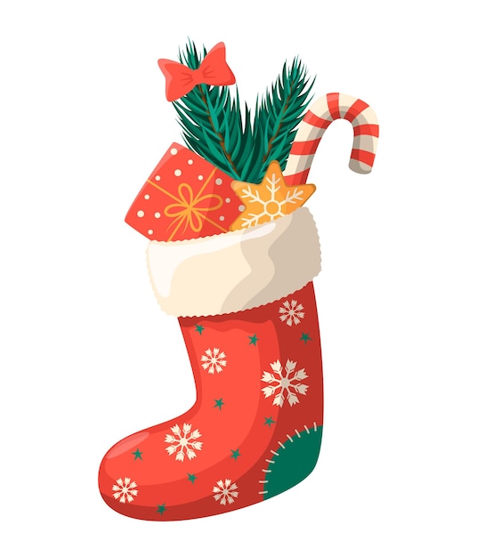 Red Christmas stocking with snowflakes, gift boxes, tree, bow, candies, vector image, illustration