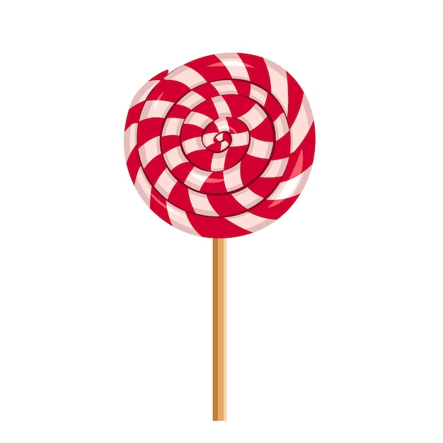 Red Christmas striped lollipop. Festive sweetness in spiral for new year, birthday and holiday. Vector flat illustration