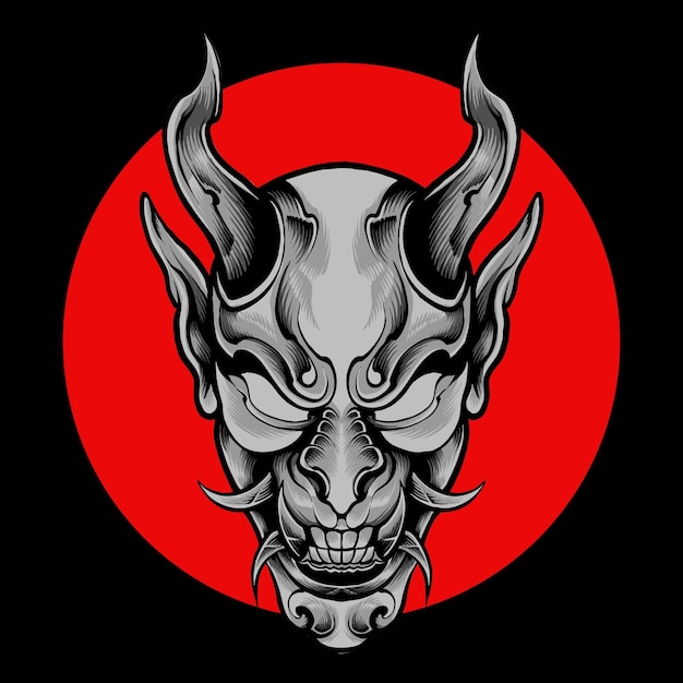 A red circle with a demon mask with horns and horns.