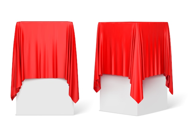 Red cloth on a square pedestal isolated on white. 