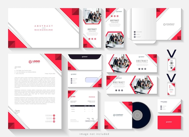 Red color abstract brand identity stationery set design