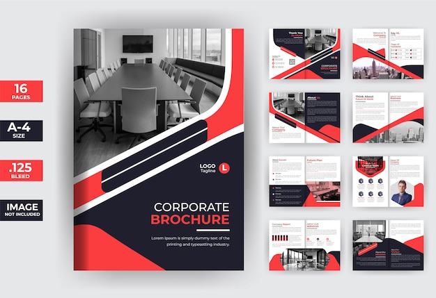 Red corporate 16 pages brochure template, business brochure with creative shape