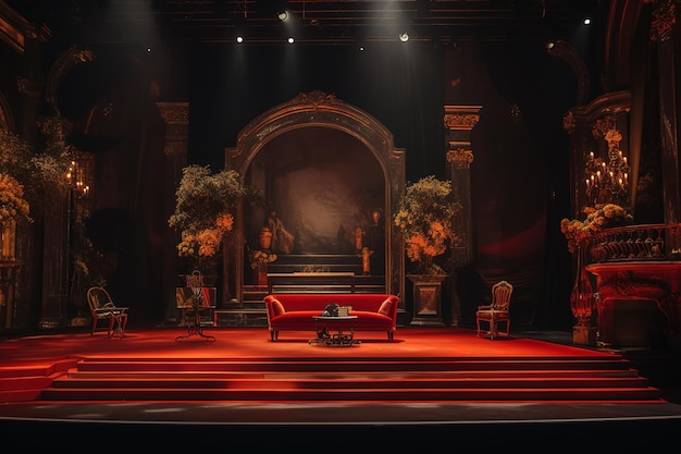 a red couch sits in a large room with a red couch and a piano