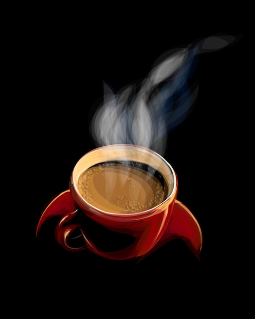 Vector red cup of coffee with smoke on a black background.  illustration of paints