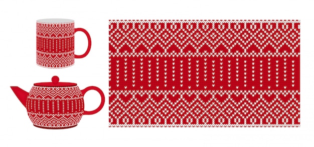 Red cup, teapot with knitting texture. Seamless pattern.   illustration.