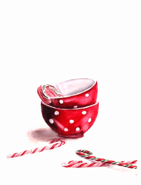 Red cup watercolor illustration candies winter christmas card