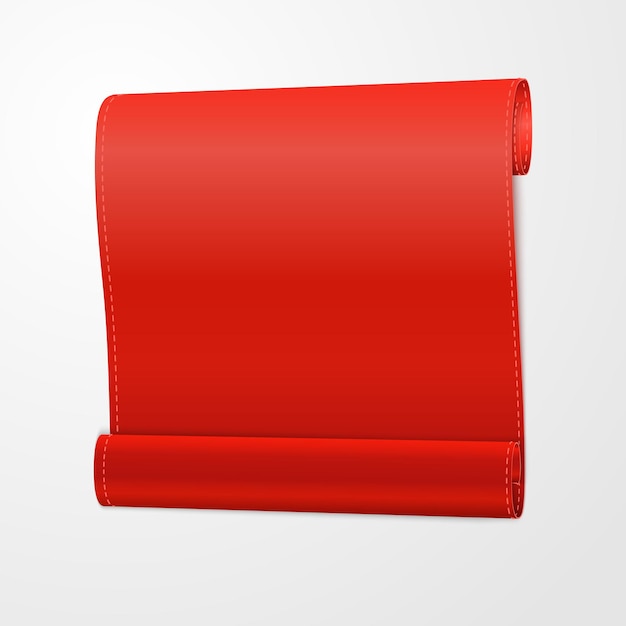 Red, curved,   realistic  paper scroll. Vector template.