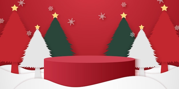 Red cylinder podium on snow with snowflakes fall on Christmas trees and template mockup for event