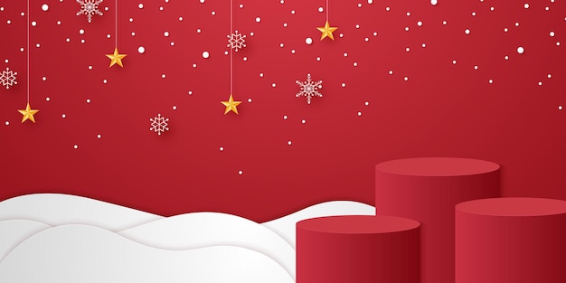 Red cylinder podium on snow with snowflakes and star hanging for template mockup for Christmas event