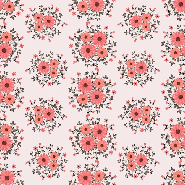 Red daisy flowers wreath ivy style with branch and leaves, Seamless pattern