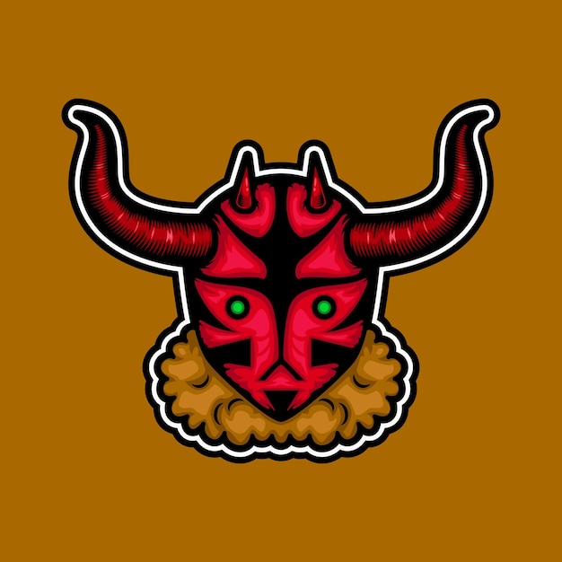 red devil bull illustration. with horn and green eyes. handrawn, mascot, scary, colors and details